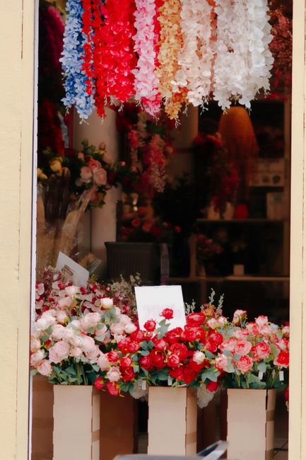 A floral display inside a florist shop, featuring hanging garlands of artificial flowers in shades of blue, pink, white, and red suspended from the ceiling. Below, there are three white planters arran